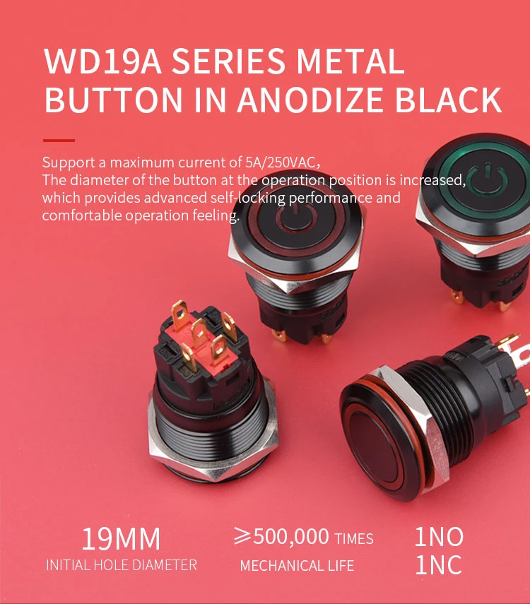 Wdele 19mm Black Waterproof LED Light Flat Head Power Symbol Light/Push Button Switch